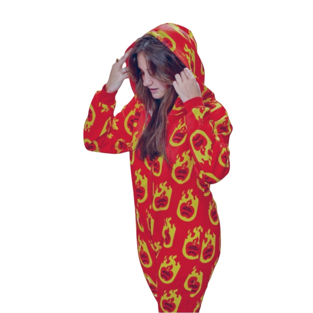 Angry Orchard X Fireball Adult Onesie, Vibrant Flame Pattern Pajama Set. NEW!